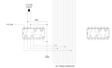 Schematischer Aufbau der Elektronik. Dies ist kein kompletter Schaltplan, er dient nur der Verdeutlichung.